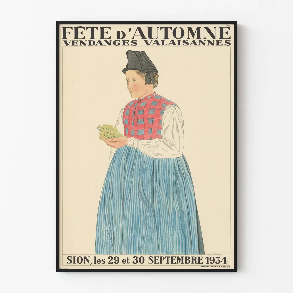 Plakat vintage Święto Jesiennego Winobrania w Valais Sion 1934