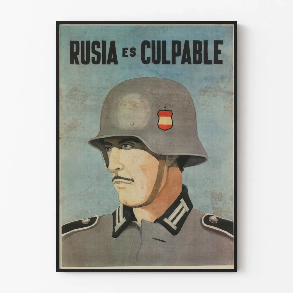 Plakat vintage wojenny "Rosja jest winna" żołnierz w hełmie