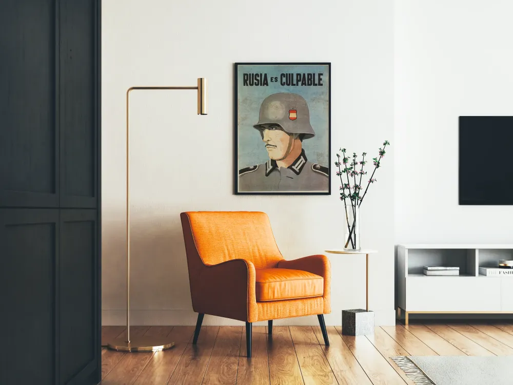 Plakat vintage wojenny "Rosja jest winna" żołnierz w hełmie