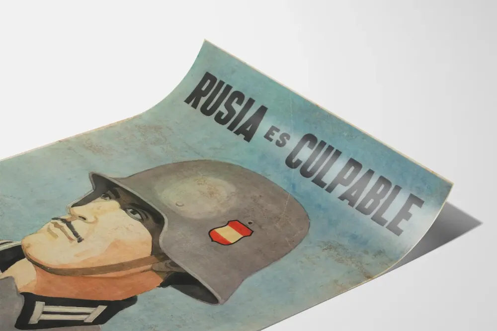 Plakat vintage wojenny "Rosja jest winna" żołnierz w hełmie