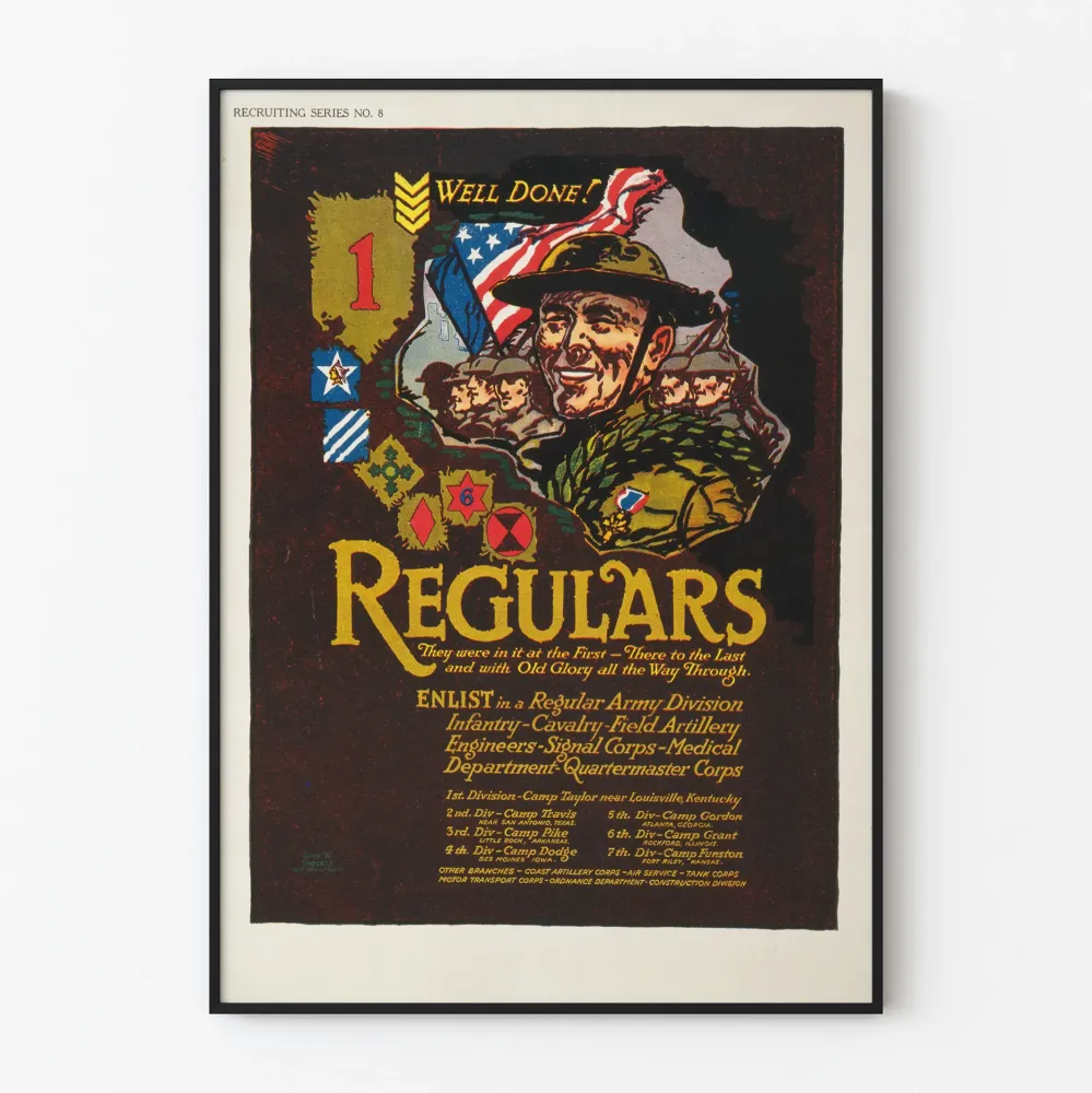 Plakat vintage wojskowy Regulars z żołnierzem i amerykańską flagą