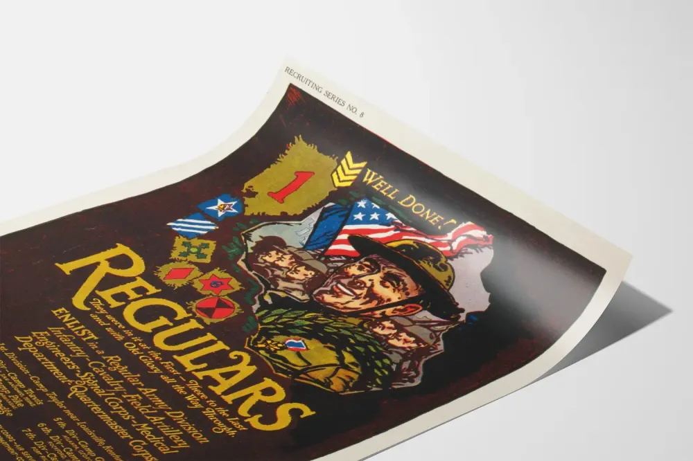Plakat vintage wojskowy Regulars z żołnierzem i amerykańską flagą