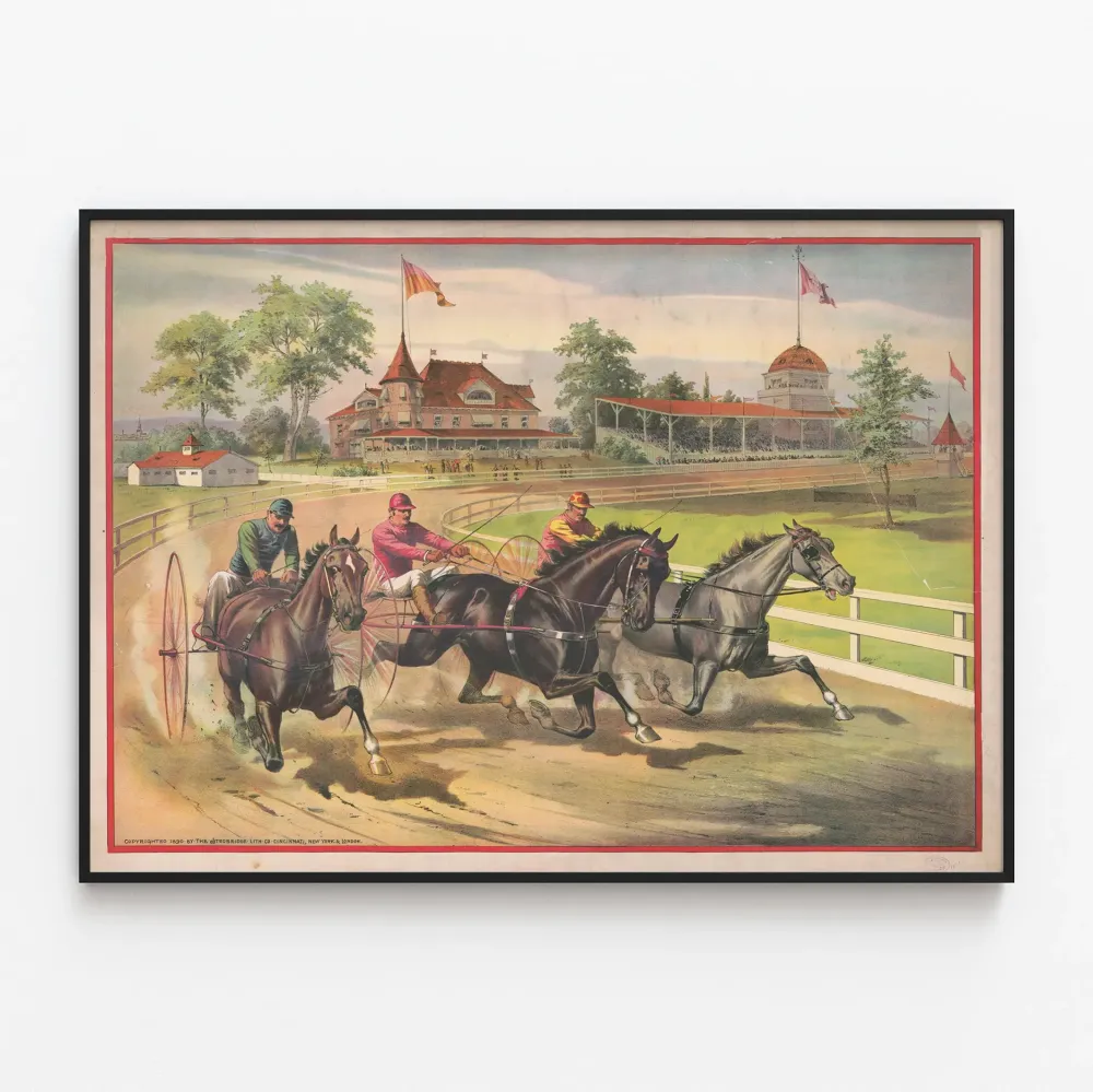 Plakat vintage wyścigu koni w zaprzęgu trojowym
