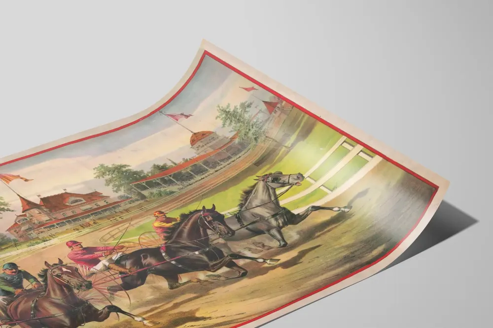 Plakat vintage wyścigu koni w zaprzęgu trojowym