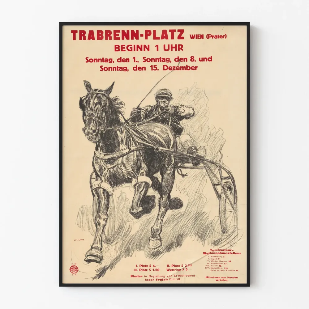 Plakat vintage wyścigu konnego na placu Trabrenn-Platz w Wiedniu
