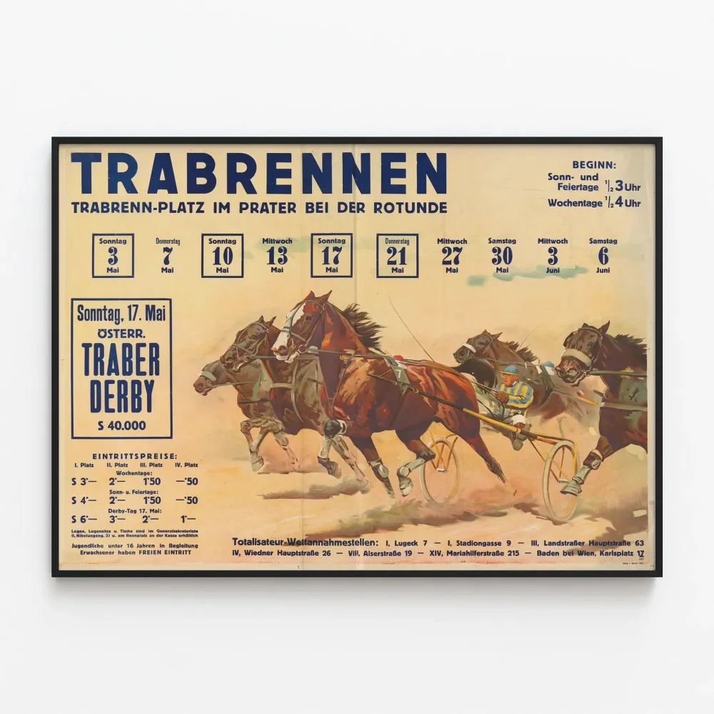 Plakat vintage wyścigu konnego na Trabrenn-Platz Prater