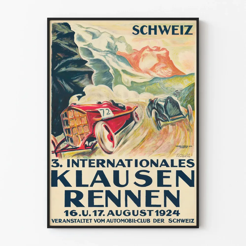 Plakat vintage wyścigu samochodowego międzynarodowego Klausenrennen 1924 Szwajcaria