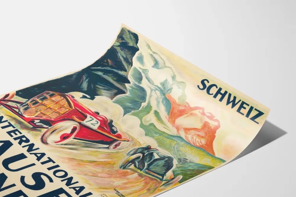 Plakat vintage wyścigu samochodowego międzynarodowego Klausenrennen 1924 Szwajcaria
