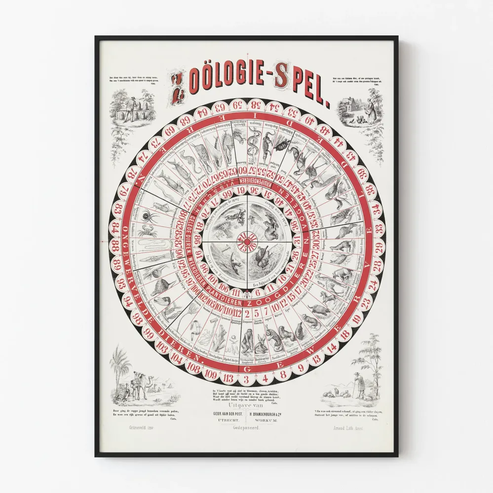 Plakat vintage Zestaw zoologiczny w kształcie koł w czerni i czerwieni