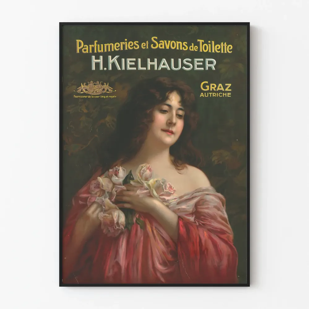 Plakat z vintage'owymi perfumeriami i mydłami toaletowymi H. Kielhauser w Grazu