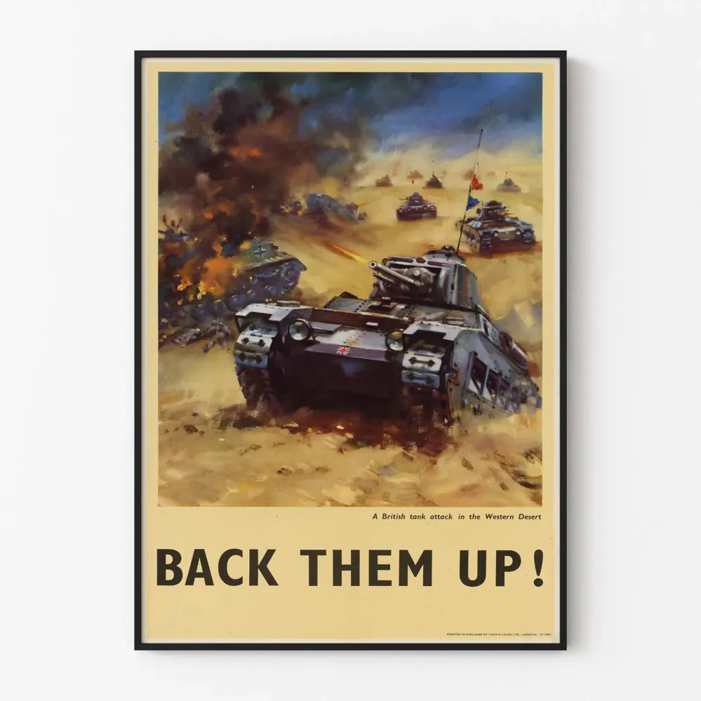 Plakat wojskowy vintage Atak brytyjskich czołgów na pustyni zachodniej