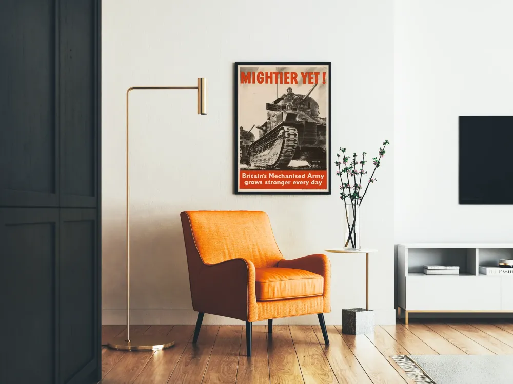 Plakat wojskowy vintage „Mightier Yet” z brytyjskim czołgiem bojowym