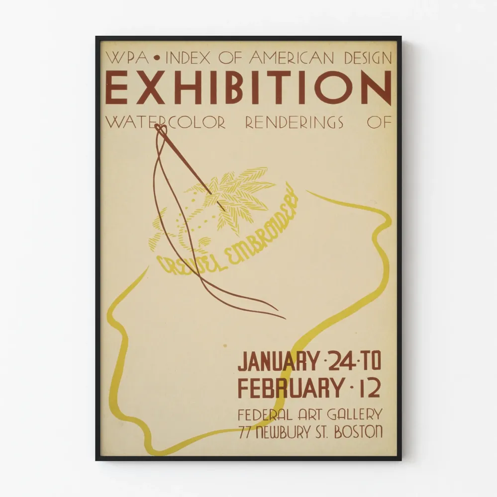Plakat wystawy haftu crewel w akwareli WPA Boston