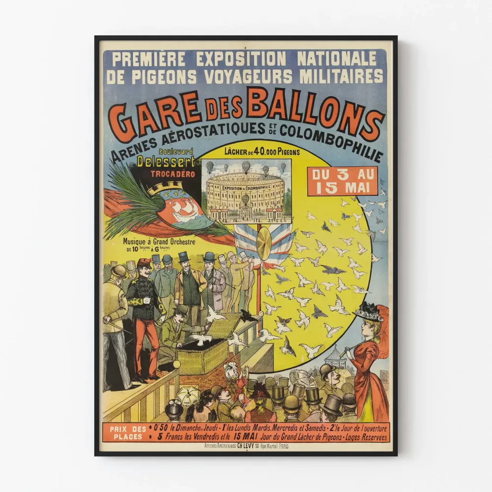 Plakat z wystawy narodowej ptaków gołębi pocztowych wojskowych w stylu vintage