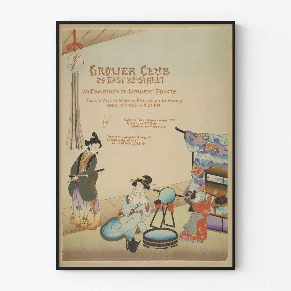 Plakat z wystawy vintage, japońska rycina, Grolier Club