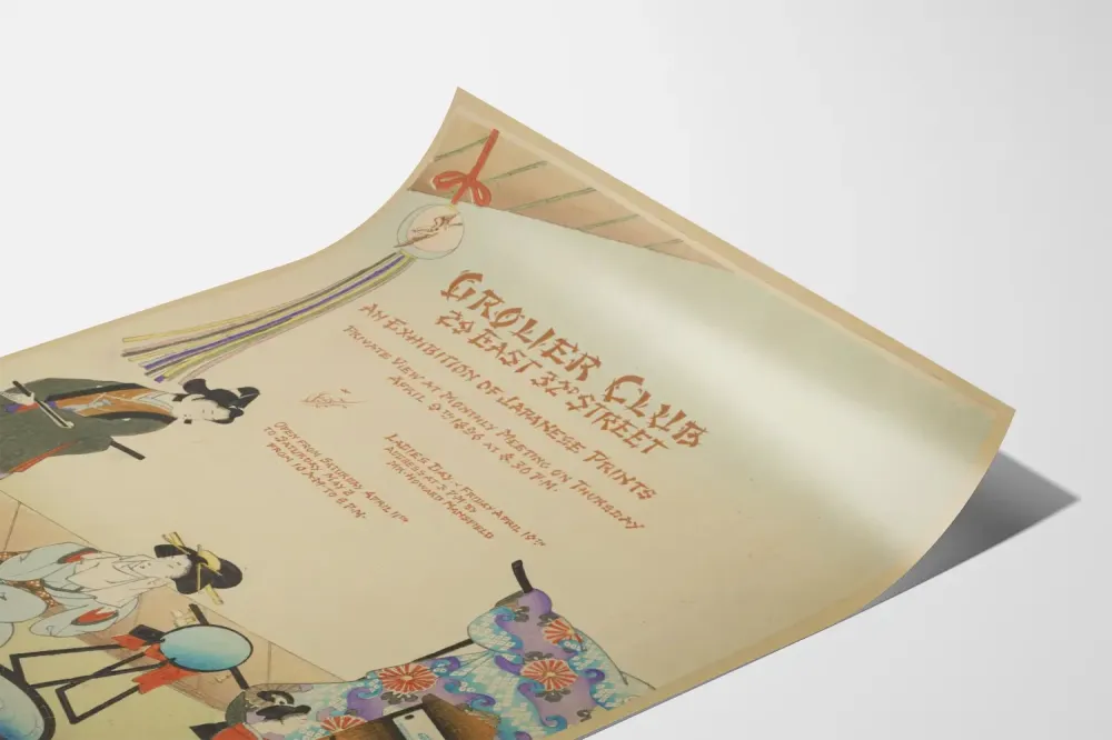 Plakat z wystawy vintage, japońska rycina, Grolier Club