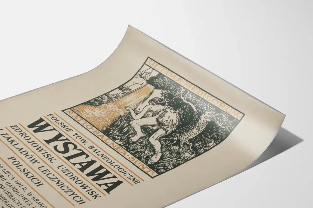 Plakat z wystawy vintage stacji termalnych i placówek medycznych w Polsce 1911