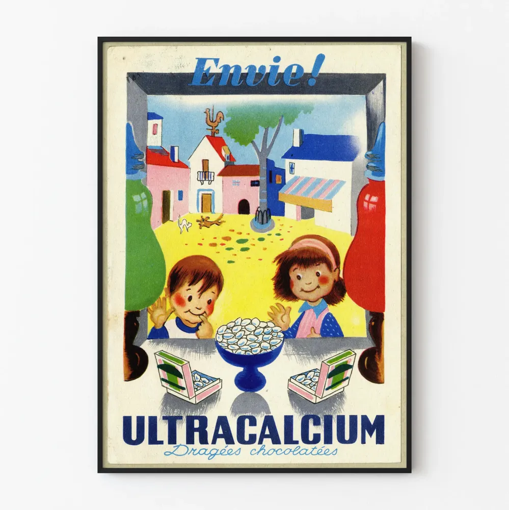 Reklamowy plakat vintage Ultracalcium z czekoladowymi drażami