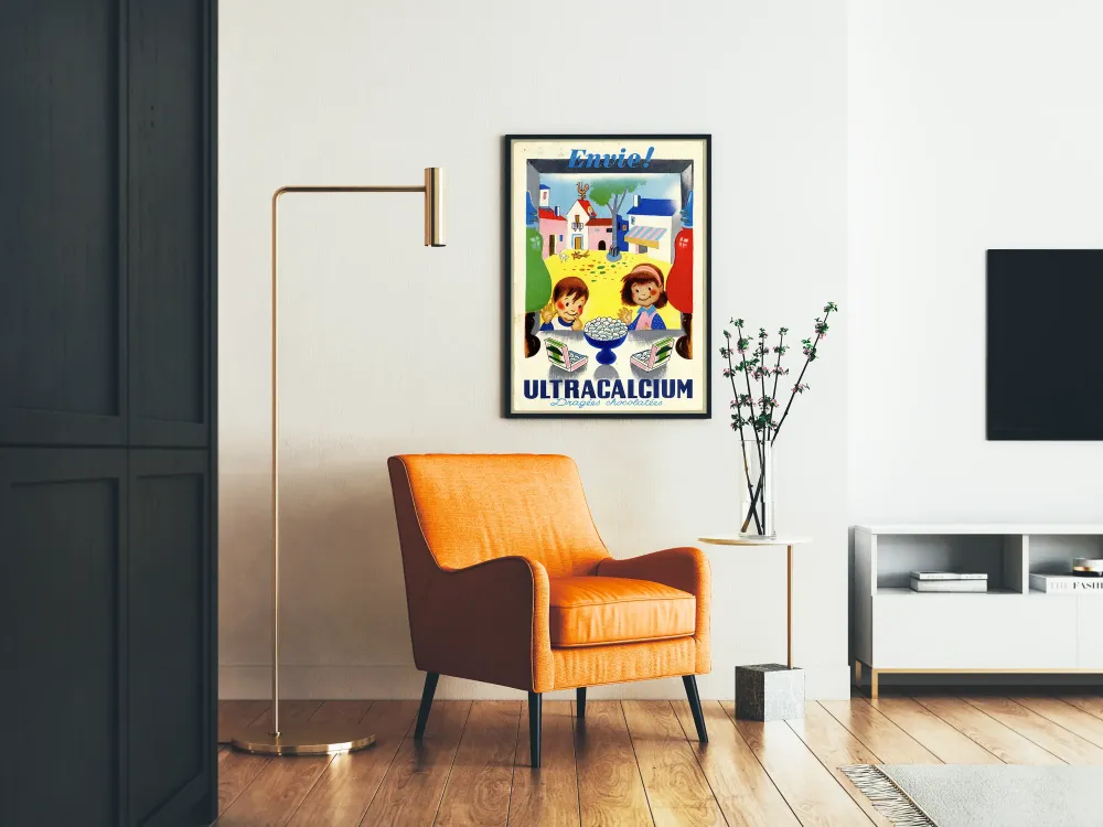 Reklamowy plakat vintage Ultracalcium z czekoladowymi drażami
