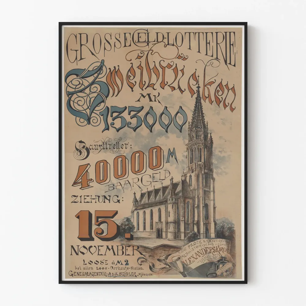 Stary plakat loterii z ilustracją gotyckiego kościoł