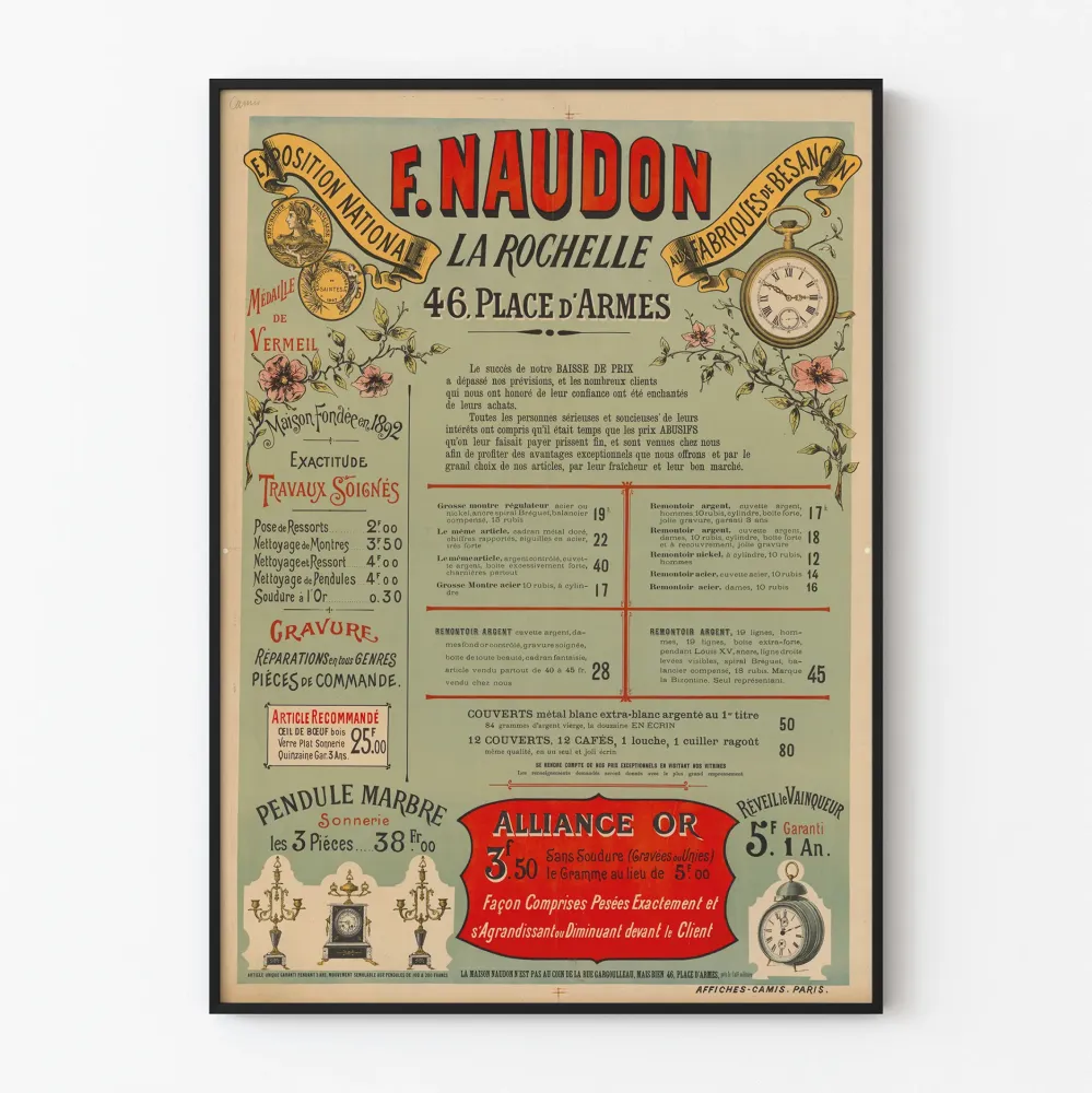 Stary plakat reklamowy F. Naudon Horlogerie La Rochelle