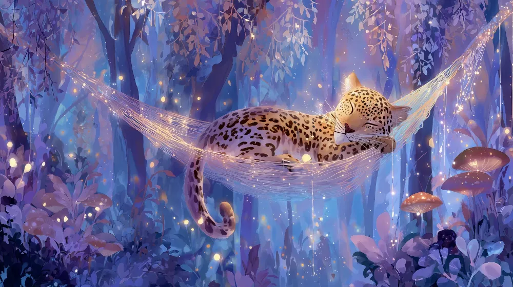 Tapeta baśniowa | Śpiący leopard w magicznym lesie
