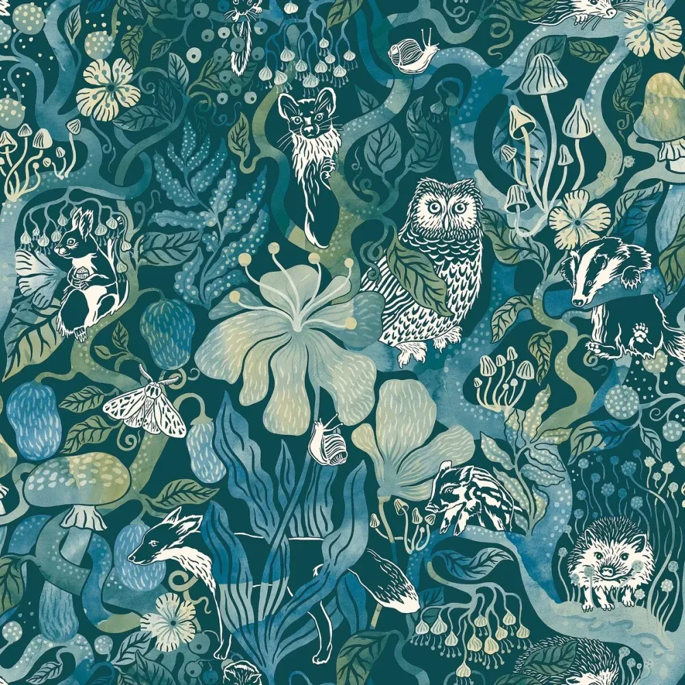 Tapeta dziecięca z motywem baśniowego lasu MAGIC WOODS turkusowy
