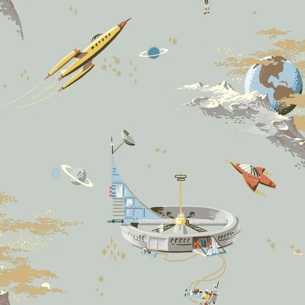 Tapeta dziecięca z motywem kosmosu SPACE ADVENTURE zgaszony zielony