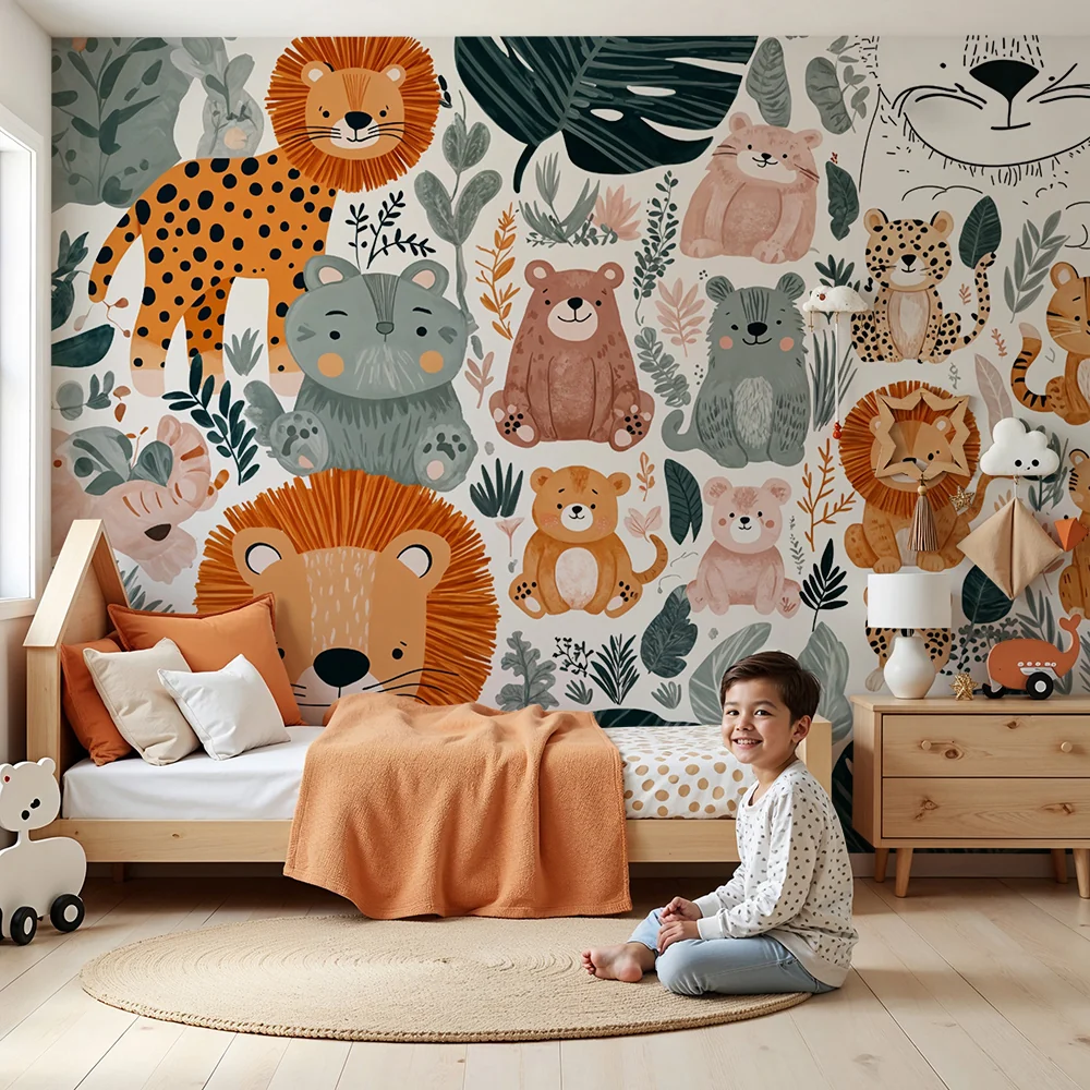 Tapeta z dzikimi zwierzętami | Zabawny i kolorowy design
