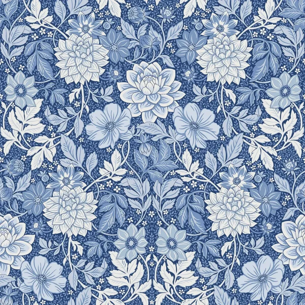 Tapeta flizelinowa papierowa z roślinnym wzorem DAHLIA GARDEN niebieski z białym