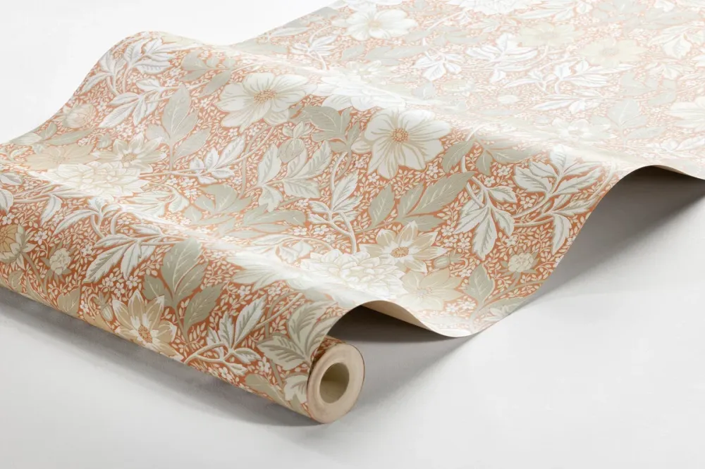 Tapeta flizelinowa papierowa z roślinnym wzorem DAHLIA GARDEN terakota z ciepłym białym
