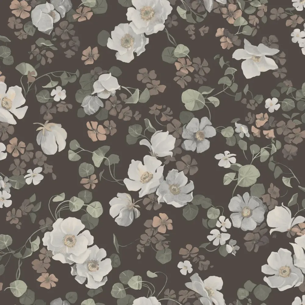 Tapeta flizelinowa papierowa z roślinnym wzorem ENCHANTING FLOWER brązowy z białym
