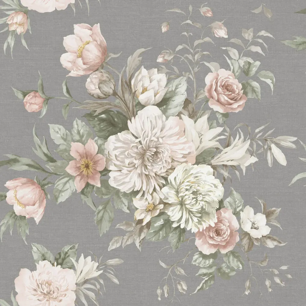 Tapeta flizelinowa papierowa z roślinnym wzorem FLORAL CHARM szary z białym i różowym