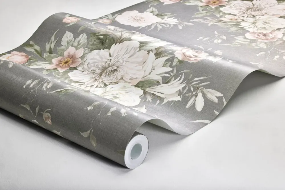 Tapeta flizelinowa papierowa z roślinnym wzorem FLORAL CHARM szary z białym i różowym