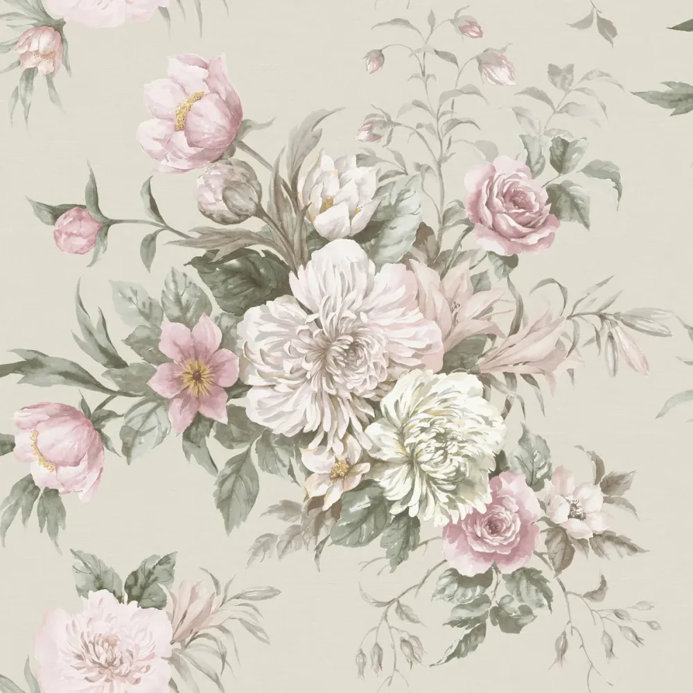 Tapeta flizelinowa papierowa z roślinnym wzorem FLORAL CHARM beżowy z różowym