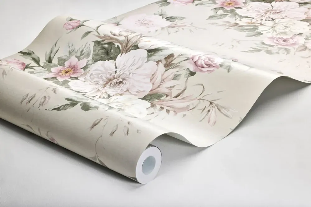 Tapeta flizelinowa papierowa z roślinnym wzorem FLORAL CHARM beżowy z różowym