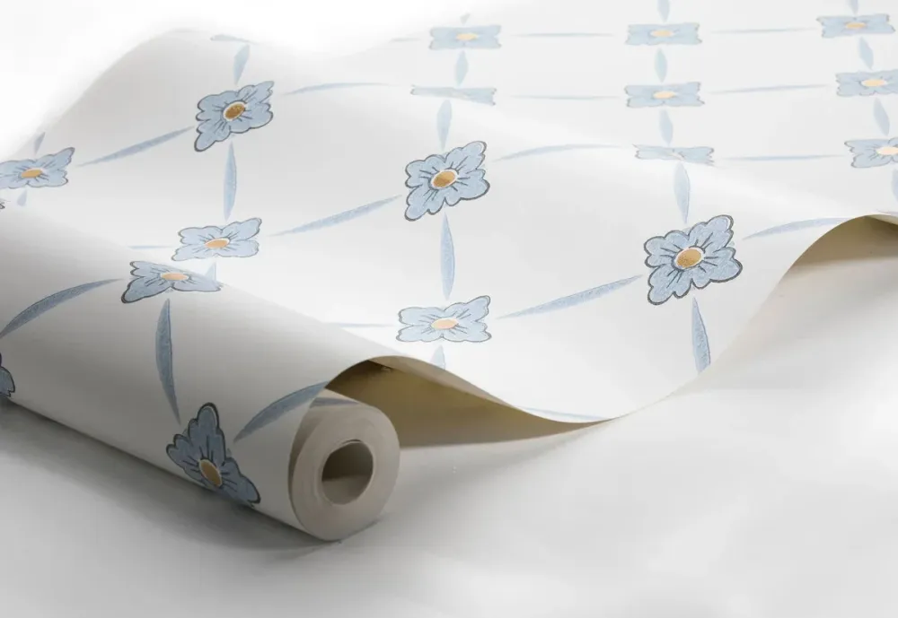 Tapeta flizelinowa papierowa z roślinnym wzorem LINNÉ ciepły biały z niebieskim