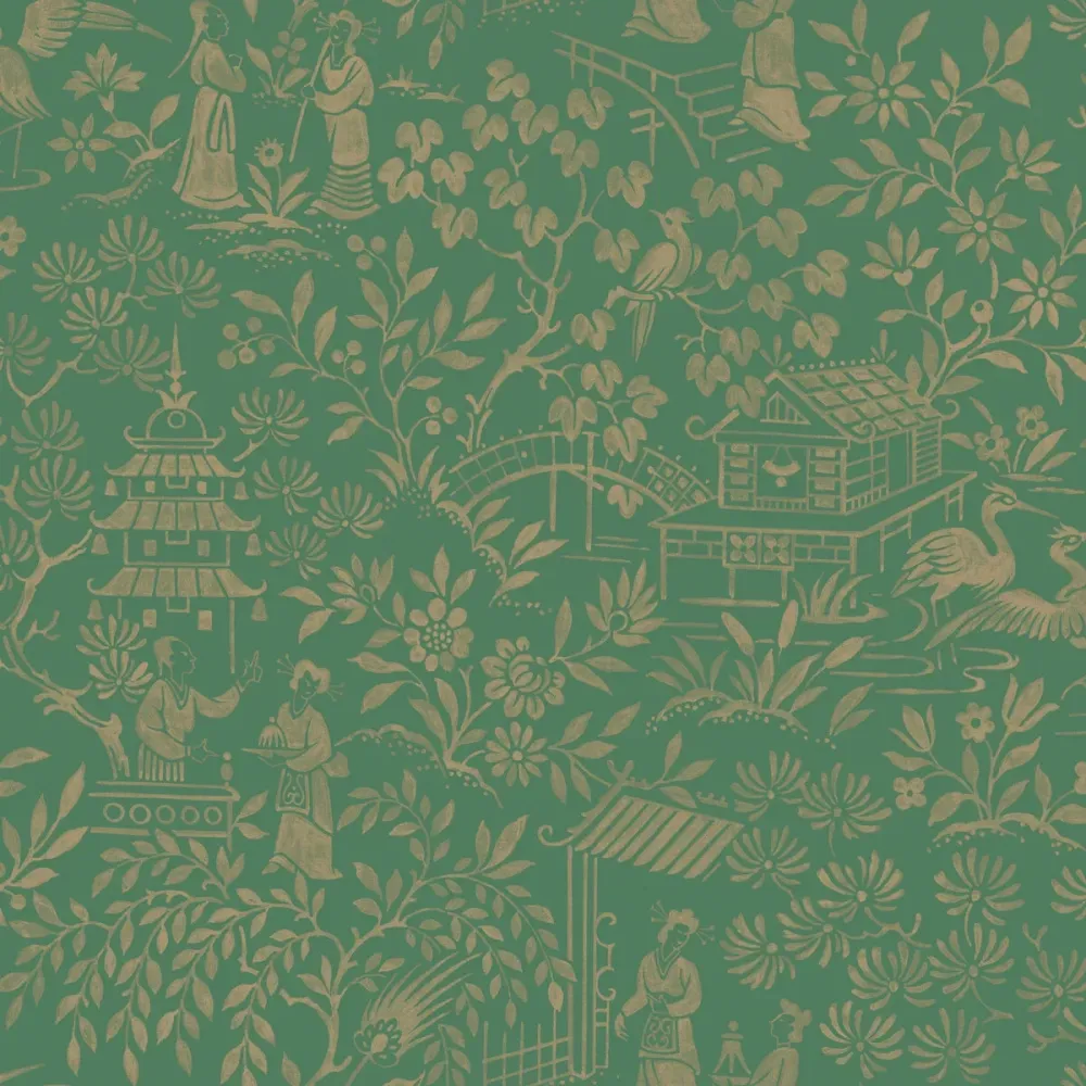 Tapeta flizelinowa papierowa z roślinnym wzorem ORIENTAL GARDEN zielony ze złotym