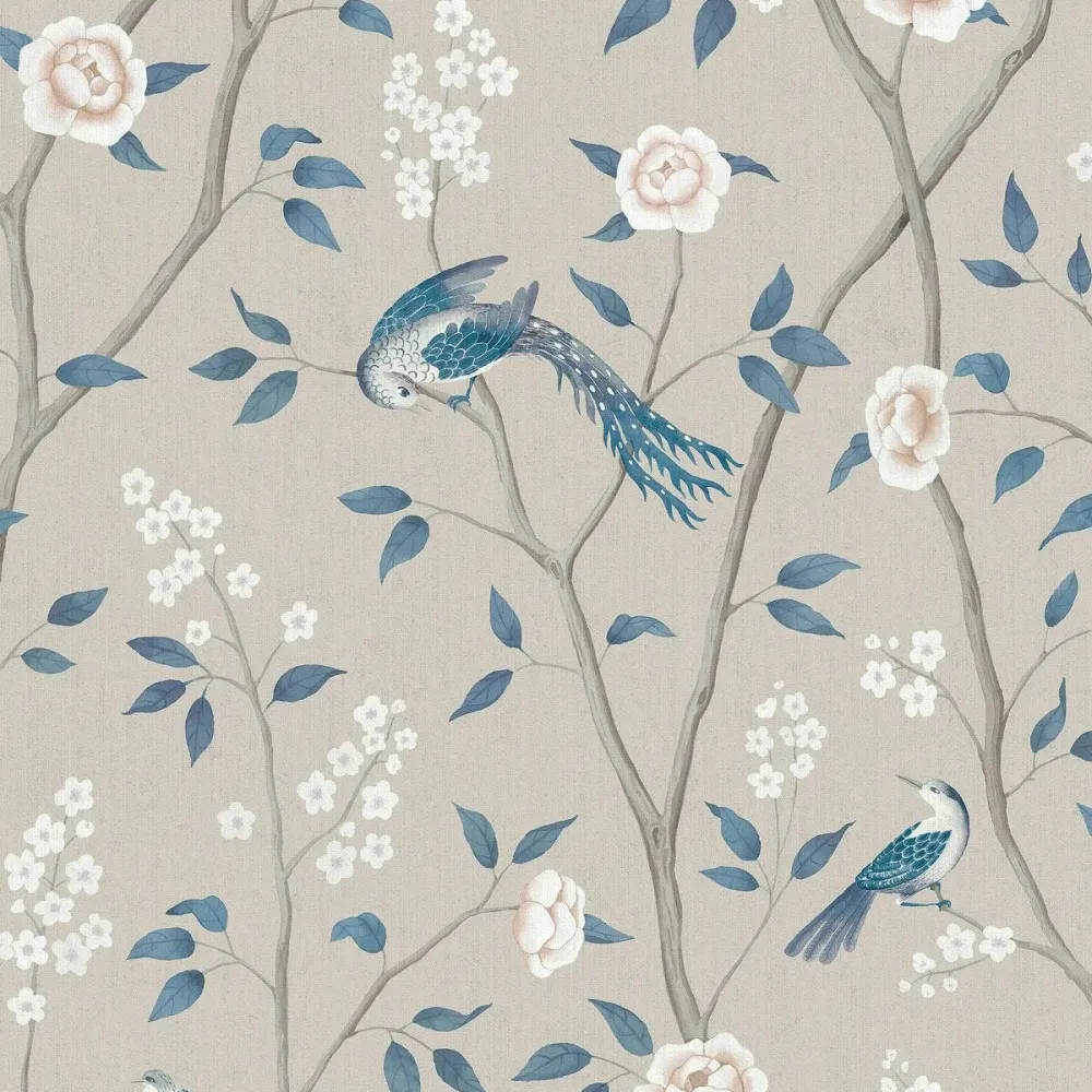 Tapeta flizelinowa papierowa z roślinnym wzorem PARADISE BIRDS ciemny beż z niebieskim