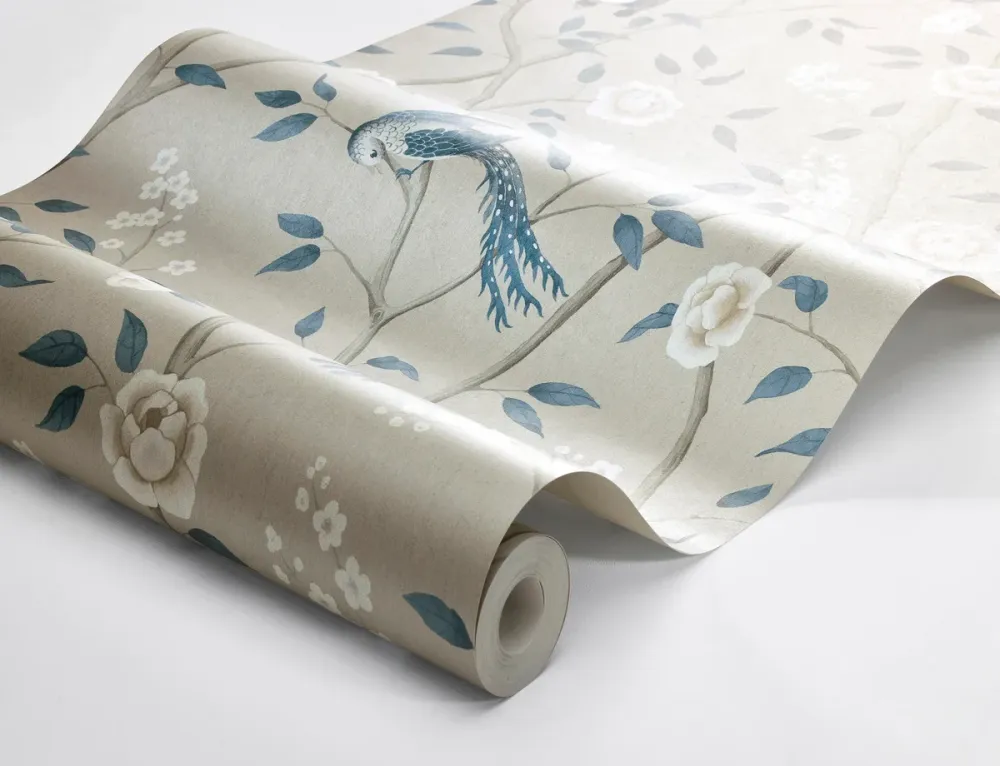 Tapeta flizelinowa papierowa z roślinnym wzorem PARADISE BIRDS ciemny beż z niebieskim