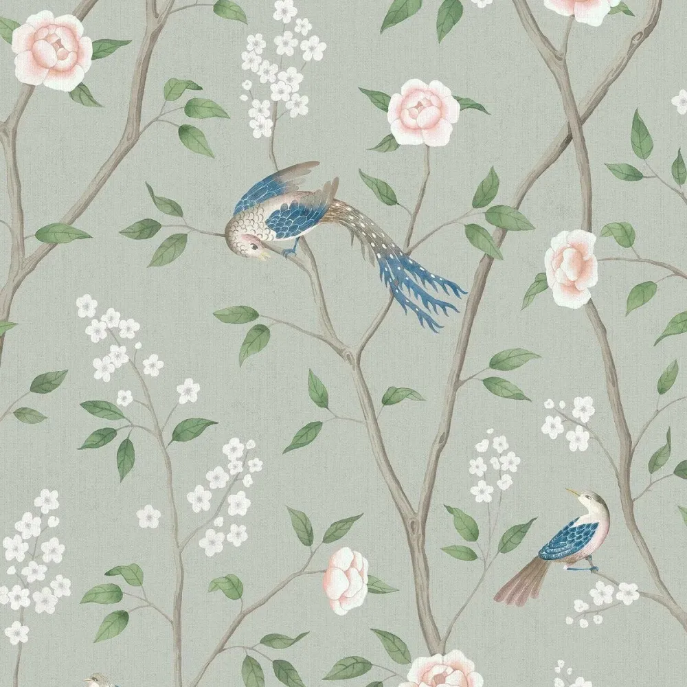 Tapeta flizelinowa papierowa z roślinnym wzorem PARADISE BIRDS zielony z białym