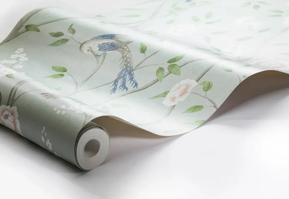 Tapeta flizelinowa papierowa z roślinnym wzorem PARADISE BIRDS zielony z białym