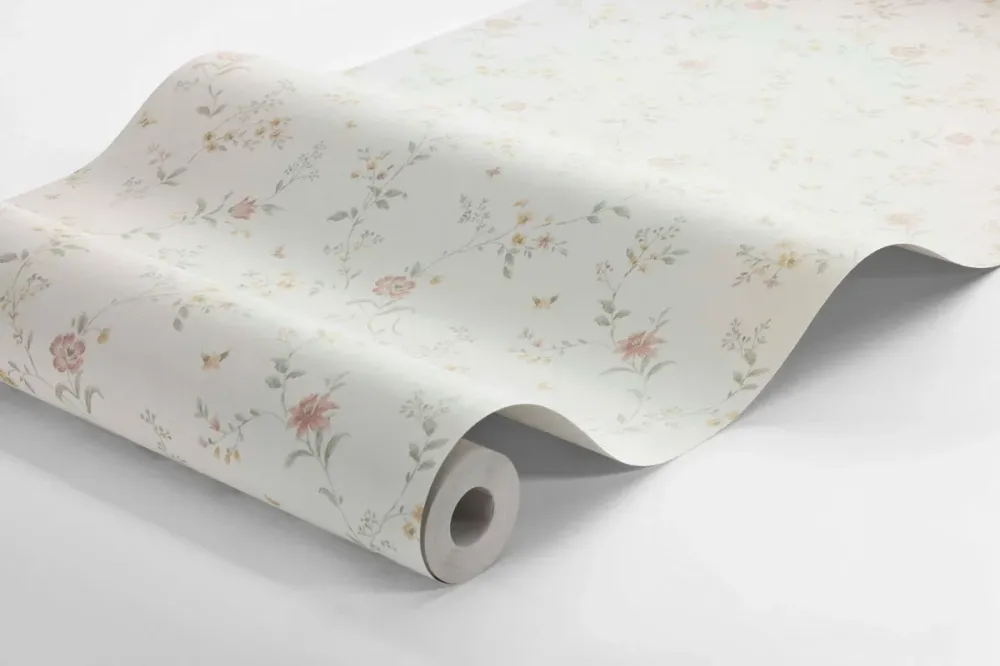 Tapeta flizelinowa papierowa z roślinnym wzorem VIKTORIA złamana biel z zielonym