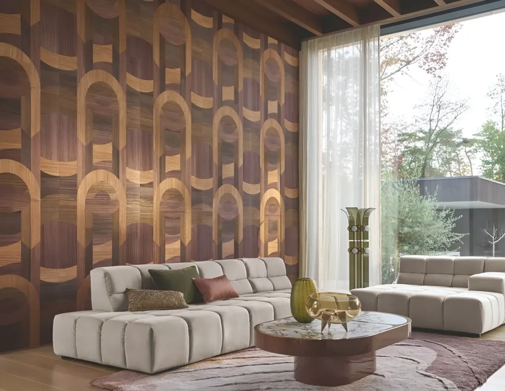 Tapeta fornirowana ze wzorem geometrycznym art deco TRAVERSÉE - CARBONE CHÊNE karbonowany dąb