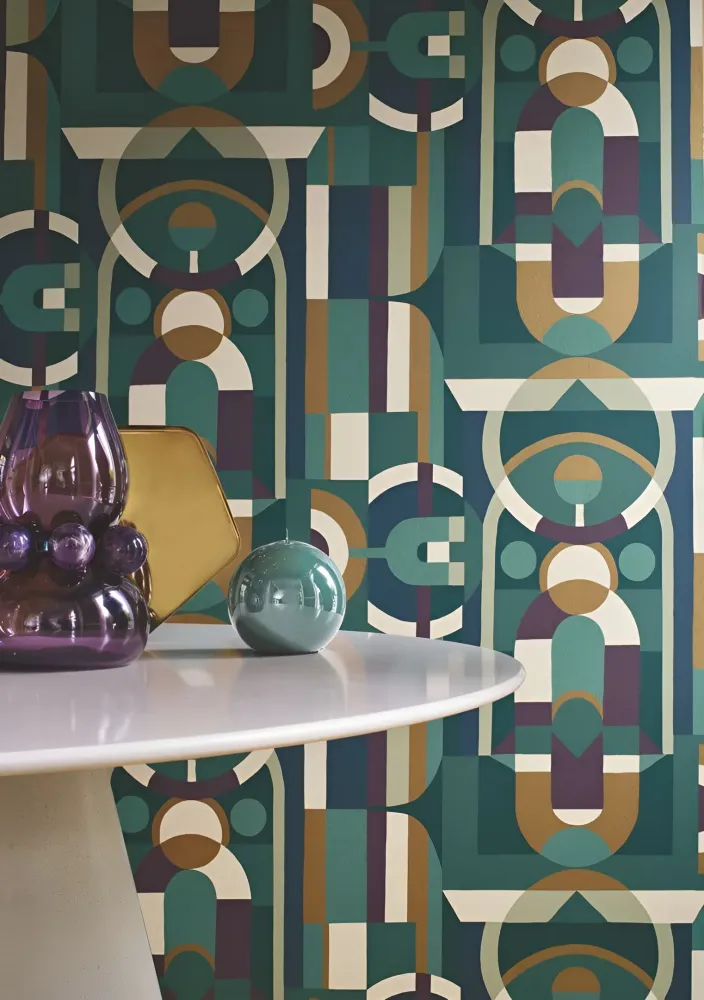 Tapeta z geometrycznym motywem witrażu VITRAIL - ÉMERAUDE/VIOLET szmaragdowy z fioletem