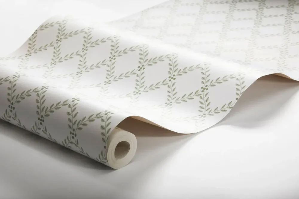 Tapeta z geometrycznym roślinnym wzorem liści TRELLIS LEAVES biały z zielonym
