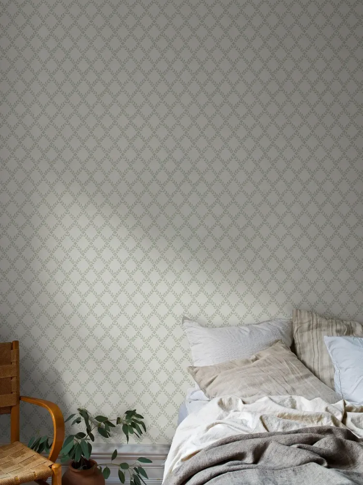 Tapeta z geometrycznym roślinnym wzorem liści TRELLIS LEAVES biały z zielonym