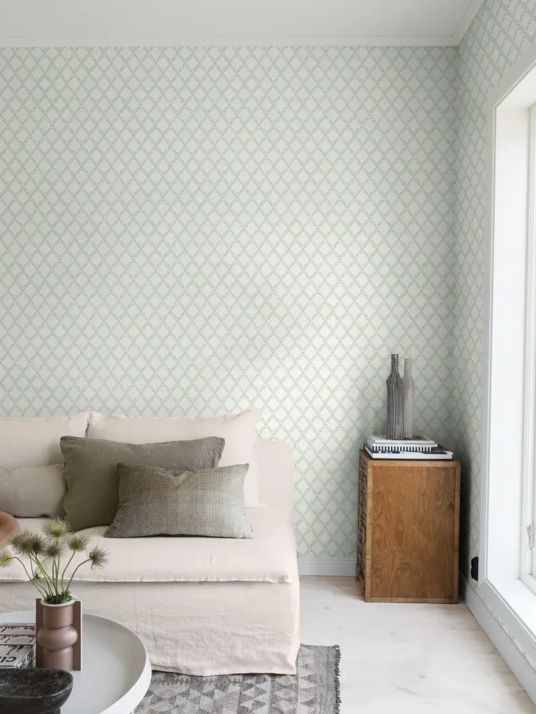 Tapeta z geometrycznym roślinnym wzorem liści TRELLIS LEAVES biały z zielonym