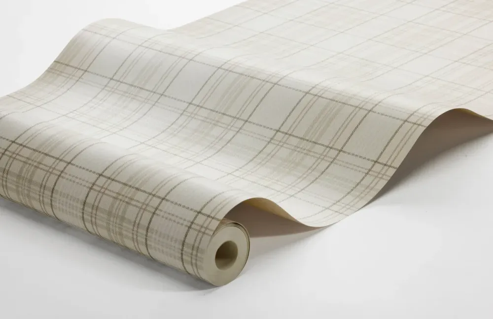 Tapeta z geometrycznym wzorem w szkocką kratkę TAILOR’S TWEED beżowy z białym
