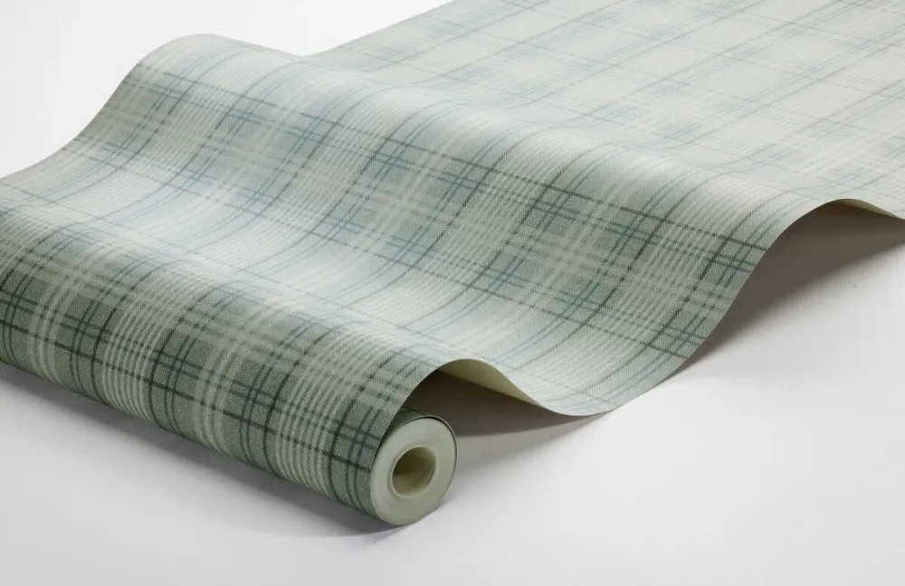 Tapeta z geometrycznym wzorem w szkocką kratkę TAILOR’S TWEED turkusowy z beżowym